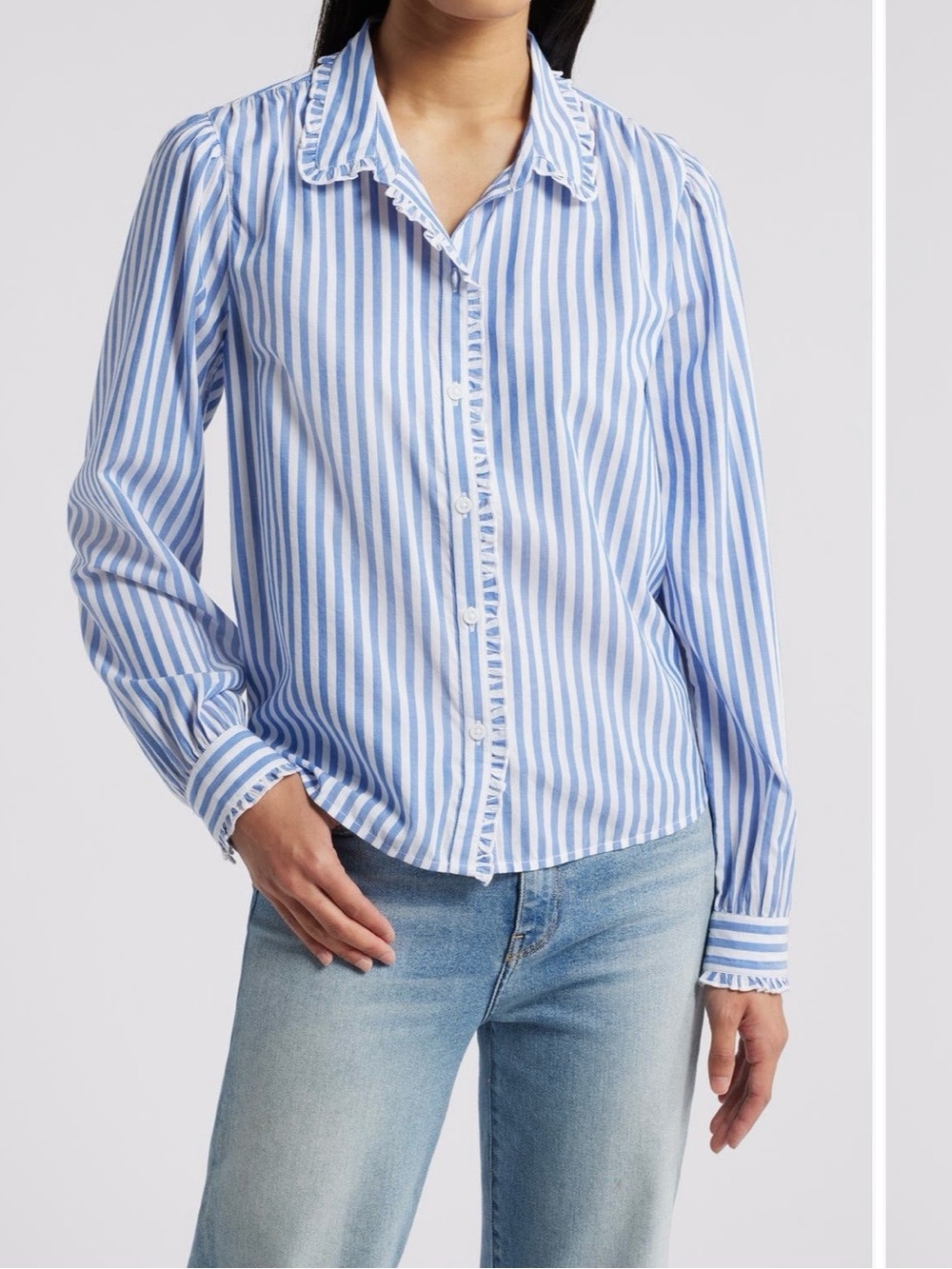 beachlunchlounge Blue & White Ciara Striped Ruffle-Trim Button Shirt XS